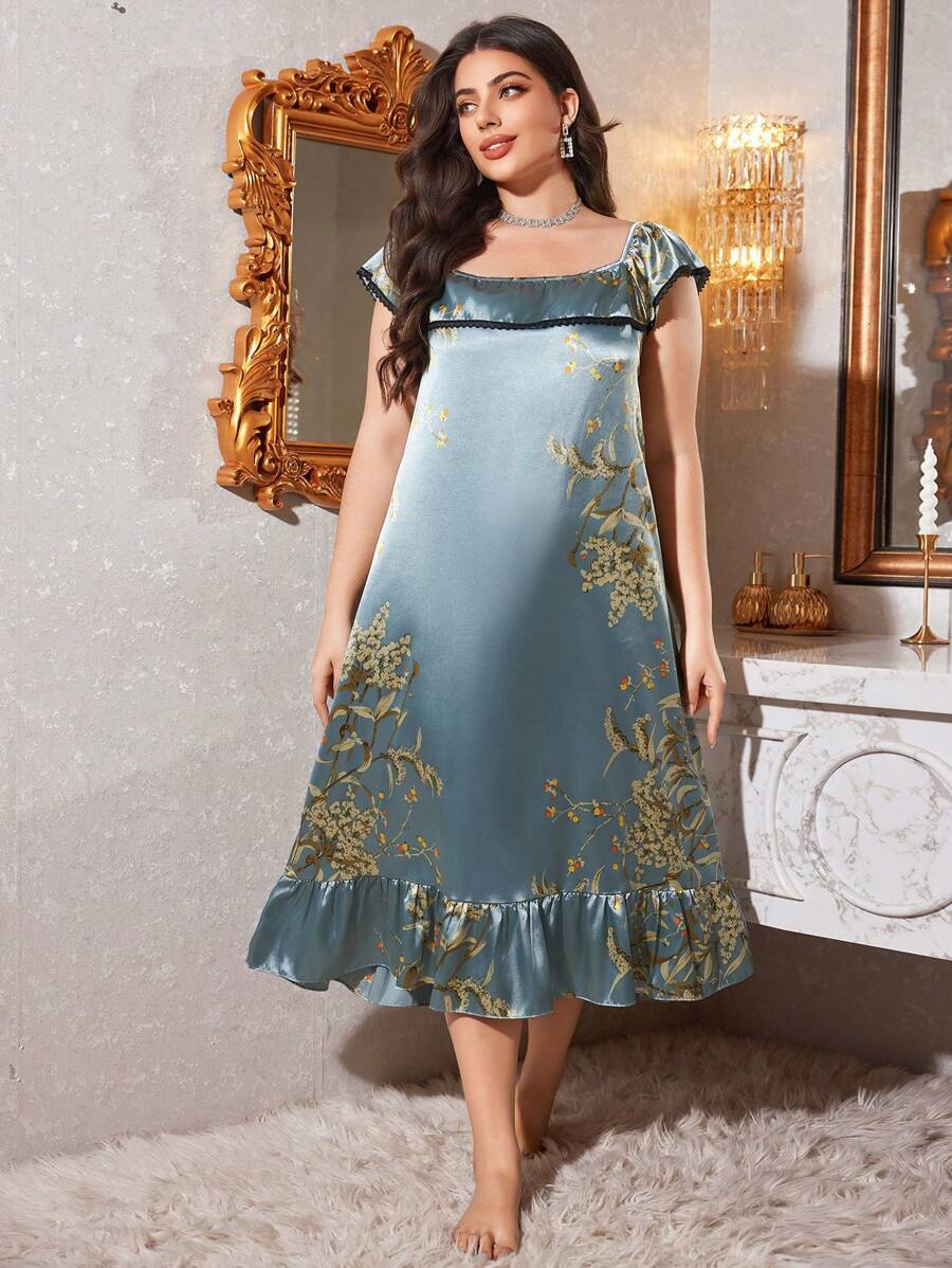 MuseNap CURVE 大码优雅花卉印花荷叶边下摆睡袍 - 彩色 - 查看 1