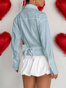 Flirla Camisa suelta con lazo a la cintura y corta para mujer