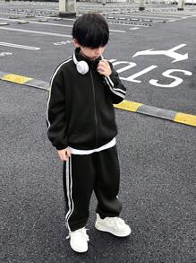SHEIN 2pcs Set Tween Boys Casual Korean Style Ribbed Collar Zip-Up Hoodie & Relaxed Fit Jogger Pants, Suitable For Commute, School, Daily, Holiday, Sports, Spring Summer Autumn Winter