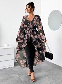 Elenzga 2-częściowy zestaw damski w dużych rozmiarach: Top z szyfonu z kwiatowym wzorem, długim rękawem, dekoltem w serek, paskiem i dopasowanymi spodniami do kostek