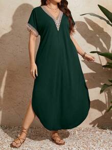SHEIN LUNE Plus Size Women's Lace Short Sleeve Long Dress For New Year Clothes Maxi Women Outfit - Green - View 4