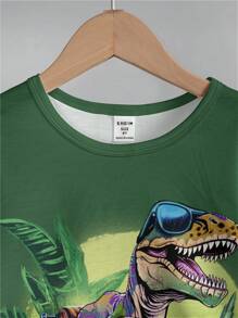 SHEIN Leap Crew 恐龍世界、熱帶雨林、年輕男孩休閒簡約短袖短褲兩件套合適夏季 - 軍綠色 - 查看 4