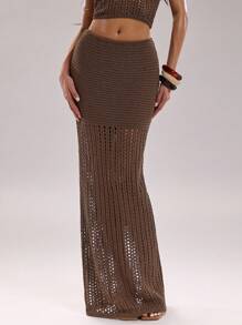 SHEIN BAE 女士纯色镂空设计超长时尚针织裙