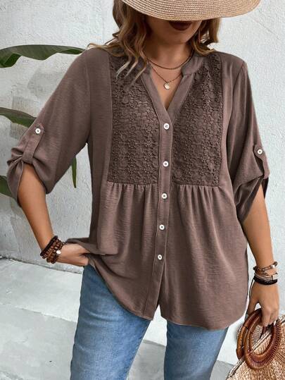SHEIN LUNE Plus Size Lace Patchwork 3/4 Sleeve V-Neck Button Down Casual Vacation Shirt