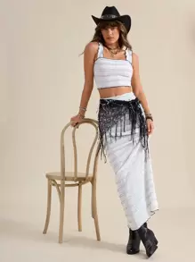 SHEIN LUNE Lễ hội Boho Trang phục phương Tây cho phụ nữ Trang phục nghỉ xuân cho phụ nữ Trang phục hai mảnh - Đen và trắng - Xem 1