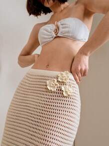 SHEIN Swim 夏季手工钩编花卉罩衫连衣裙，休闲简约性感比基尼裙 - 杏色 - 查看 3