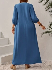 EMERY ROSE Gaun Elegan Lengan Lentera Kerah Dasi Warna Polos untuk Wanita Ukuran Plus - Biru - View 2