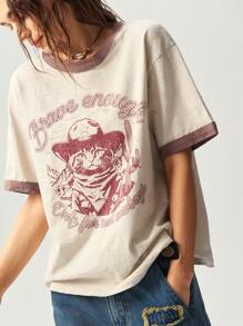 Bohemela 音乐节休闲针织拼色圆领短袖宽松洗水牛仔猫咪图案女式T恤 - 杏色 - 查看 2