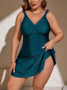 SHEIN Swim Curve Plus Size Women Jednokolorowy, marszczony, jednoczęściowy strój kąpielowy z dołem - Turkusowy - Zobacz 1