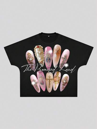 ROMWE MEN Street Life Camiseta de manga corta casual holgada de cuello redondo con estampado de manicura para hombre, de peso pesado