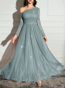 Modelyn 女士不对称领口长袖优雅超长连衣裙 - 薄荷藍 - 查看 4