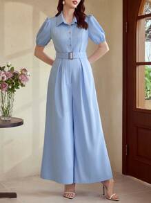 Vintamour Vintage Retro Elegant Women's Jumpsuit With Shirt Wide Leg Pants With Belt Casual For Commuting Summer Outfits For Women Spring Outfits For Women Vacation Outfits Woman Easter Vacation Outfits Women Wedding Guest Dress Women Summer Clothes Business Casual Woman Office Outfits For Women Spring Clothes Spring Break Women Summer Clothes Church Clothes Women Concert Outfit Women Pants For Women Summer Clothes Women Rompers Cruise Attire Women Modest - Blue - View 4