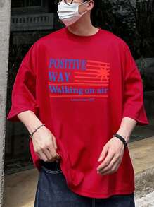 DAZY 男士字母印花红色T恤，简约时尚，适合夏季，图案T恤