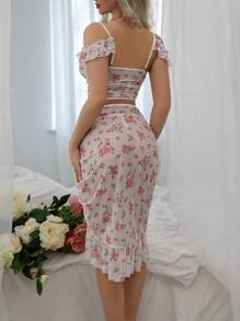 3pcs/Set Romantic Floral Ruffle Trim Bloused Top + G-String + Drawstring Ruffle Waist Skirt For Going Out