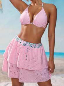 SHEIN Swim 3pcs Women Fresh Romantic Hollow Floral Textured Bikini Set For Summer Beach Vacation - Pink - View 1