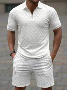 Manfinity Homme Men's Polo Set, Solid Color Short Sleeve Top And Shorts Men 2 Pieces Sets Men Casual 2 Pieces White - White - View 1