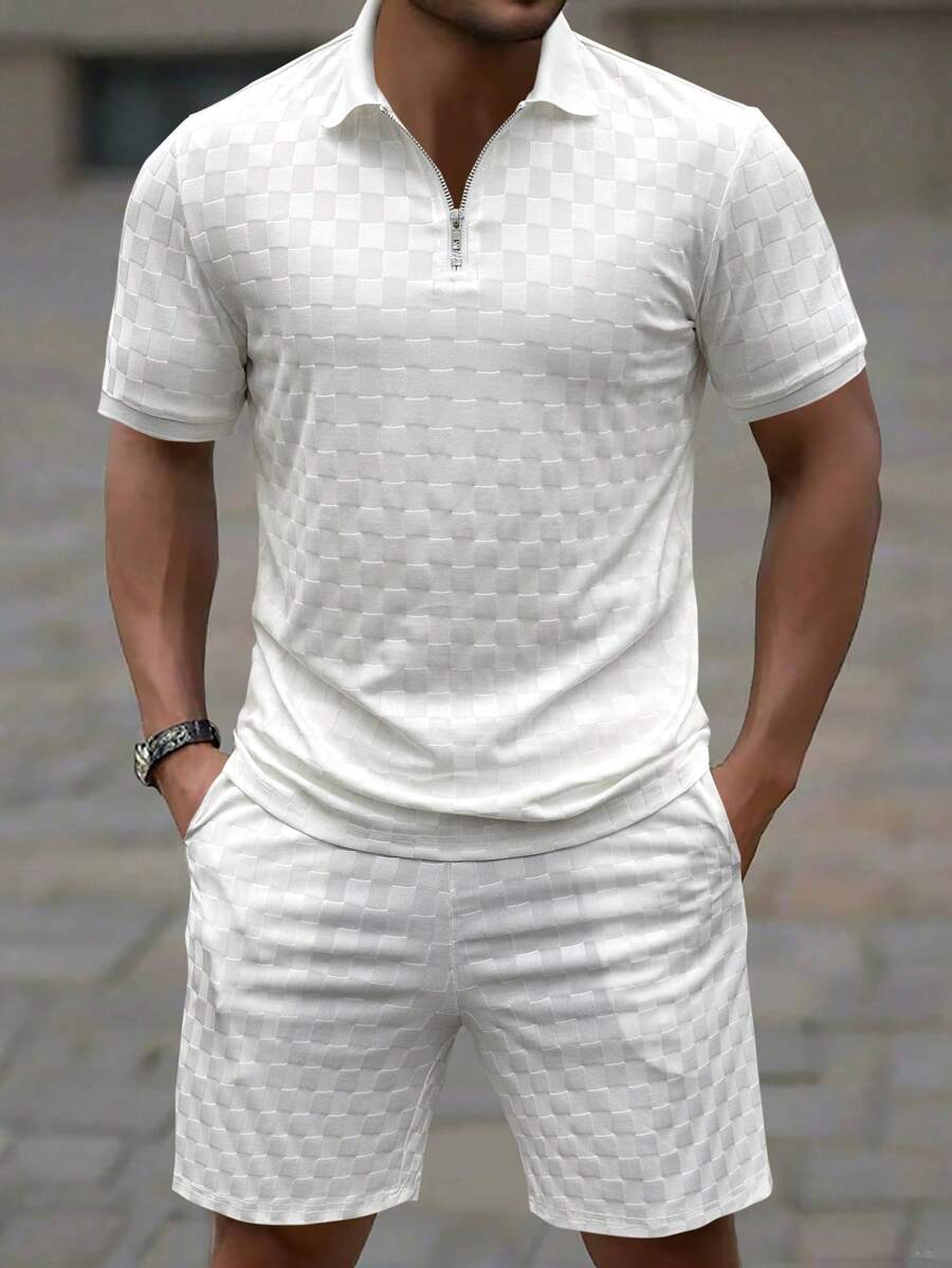Manfinity Homme Men's Polo Set, Solid Color Short Sleeve Top And Shorts Men 2 Pieces Sets Men Casual 2 Pieces White - White - View 1
