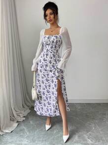 Elenzga Women's Long Dress, Square Neck, Net Mesh Fabric, Minimalist & Fashionable, Suitable For Summer