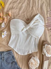Soleia Blusa de punto de textura ondulada blanca con diseño de lazo retorcido, bajo curvo y ajuste a la figura, adecuada para fiestas, citas, San Valentín, carnaval, Pascua, té de la tarde, playa, cruceros, vacaciones en la ciudad