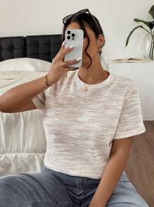SHEIN Frenchy 大码女式扎染短袖休闲修身圆领 T 恤 - 杏色 - 查看 7