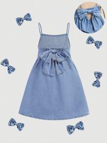 Maija Kids Maija Kids Young Girl Cute Bow Knot Denim Spaghetti Strap Dress In Blue,Kid Girls Spring And Summer Casual Vacation Country Boho Wear, Beach Outfits For Kid Girls,Spring Break Outfits,Rave Outfits Festival Denim Dress