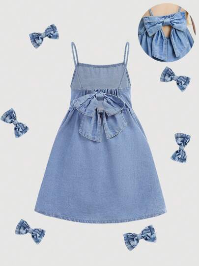 Maija Kids Maija Kids Young Girl Cute Bow Knot Denim Spaghetti Strap Dress In Blue,Kid Girls Spring And Summer Casual Vacation Country Boho Wear, Beach Outfits For Kid Girls,Spring Break Outfits,Rave Outfits Festival Denim Dress