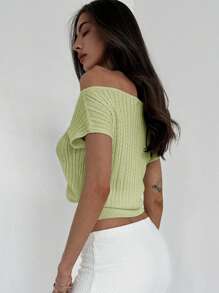 Aloruh Minimalist Elegant Off Shoulder Texture Knitted Fitted Waist Solid Color Women T-Shirt,Off The Shoulder Sweater - Mint Green - View 7