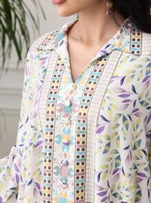 Al Najma 女式花卉印花翻领纽扣设计蝙蝠袖阿拉伯连衣裙 - 紫色 - 查看 5