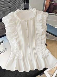 GlowEve CURVE 大码精致女士白色衬衫，盖袖蕾丝衬衫，腰部收紧设计，优雅时尚，适合春夏季、学校、圣诞节、毕业典礼、情人节、音乐节、母亲节、万圣节、感恩节、复活节、国庆节、联欢晚会、约会、郊游 - 白色 - 查看 1