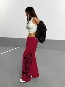 StreetHx 女式复古涂鸦花卉印花宽松直筒休闲运动裤