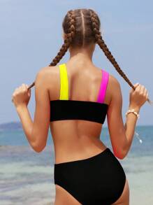 SHEIN Bikini de dos piezas con bloques de color para adolescentes, traje de baño informal para playa de verano