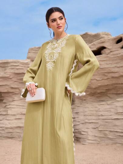 Al Najma Women's Floral Embroidery Round Neck Loose Arabic Dress Kaftan Jalabiya Dress