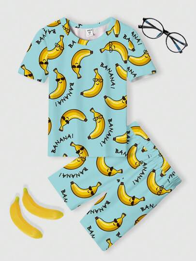 年轻男孩卡通香蕉印花休闲简约紧身圆领短袖短裤家居服，适合春夏季