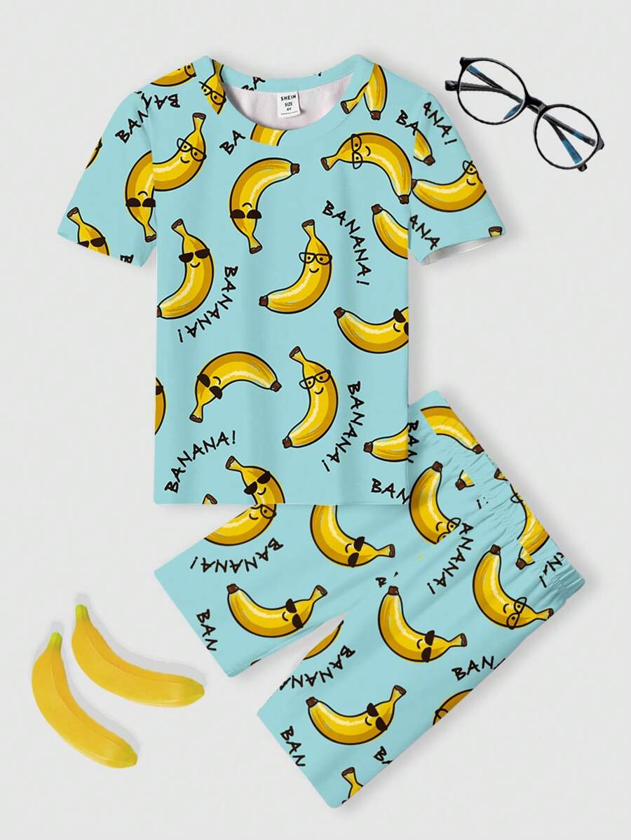 Quần short ngắn tay cổ tròn in hình quả chuối hoạt hình cho bé trai, giản dị, tối giản, vừa vặn, phù hợp mặc ở nhà, thích hợp cho mùa xuân/hè - Nhiều màu - Xem 1