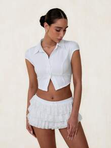 Glamine Women's Solid Color Cropped Short Sleeve Fitted Collared Shirt