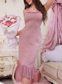 SweetSlumber 1pc Women Solid Color Net Ruffle Ribbed Camisole Nightgown