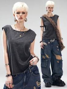 Coolane Camiseta de mujer para primavera/verano con estilo vintage grunge, manga ultra corta, lavado sucio y cómoda