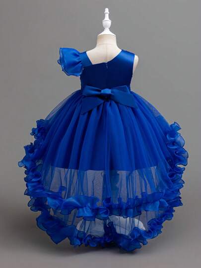Glamorique Kids Young Girl Christmas Santa Dress, New Year Party Wear, Piano Recital Performance Tulle Bowknot Cutout Back Ruffles Princess Gown, Partywear Royal Blue Dress For Girls