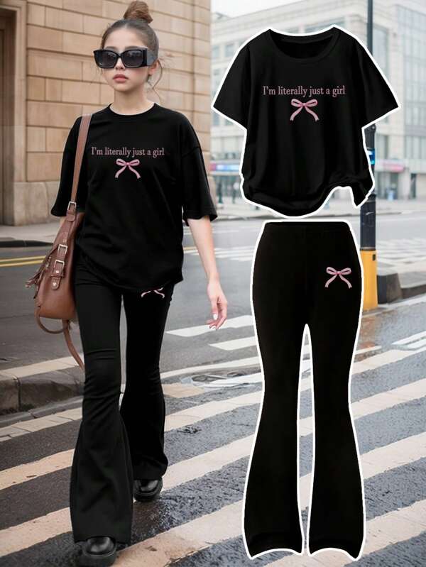 Wildeya 2pcs/Set Tween Girl Minimalist Stylish Short Sleeve Crew Neck T-Shirt And Pants Set