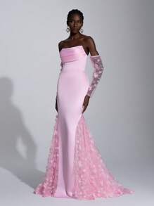 Elitara 优雅奢华 3D 花卉蕾丝拼接缎面网眼可拆卸长袖美人鱼连衣裙，适合婚礼、派对、单身女士派对、度假、舞会、晚礼服（重刺绣）、正式、婚礼宾客 - 粉色 - 查看 6