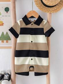 SHEIN Enterizo de punto a rayas de manga corta para bebé recién nacido niño, adecuado para fiesta de cumpleaños, fiesta de noche, evento, boda, celebración de un mes, bautizo y baby shower del primer cumpleaños, verano