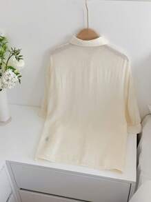 Comfortcana 春夏衬衫白色休闲纯色落肩前扣沙滩衬衫 - 杏色 - 查看 2