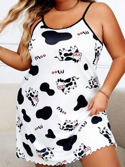Camisón de pijama con estampado de patrón de vaca y tirantes de espagueti para mujer de talla grande