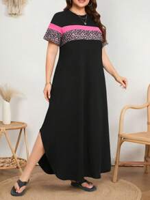 SHEIN LUNE Damen Große Größen Kleid mit Leoprint Patchwork, Rundhalsausschnitt, Kurzarm und gerundetem Saum, Lässig-Stil