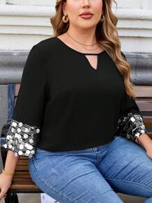 SHEIN Clasi Plus-size damesblouse met paillettenpatchwork, elegante feestkleding en zomeroutfits voor vrouwen