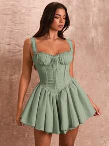 SHEIN BAE Women Elegant Solid Ruched Camisole Lace Patchwork Mini Dress - Mint Green - View 3