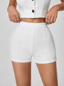 SHEIN PETITE Summer Women's High Waist White Shorts Basic Leggings,Petite Women Night Sexy - White - View 1