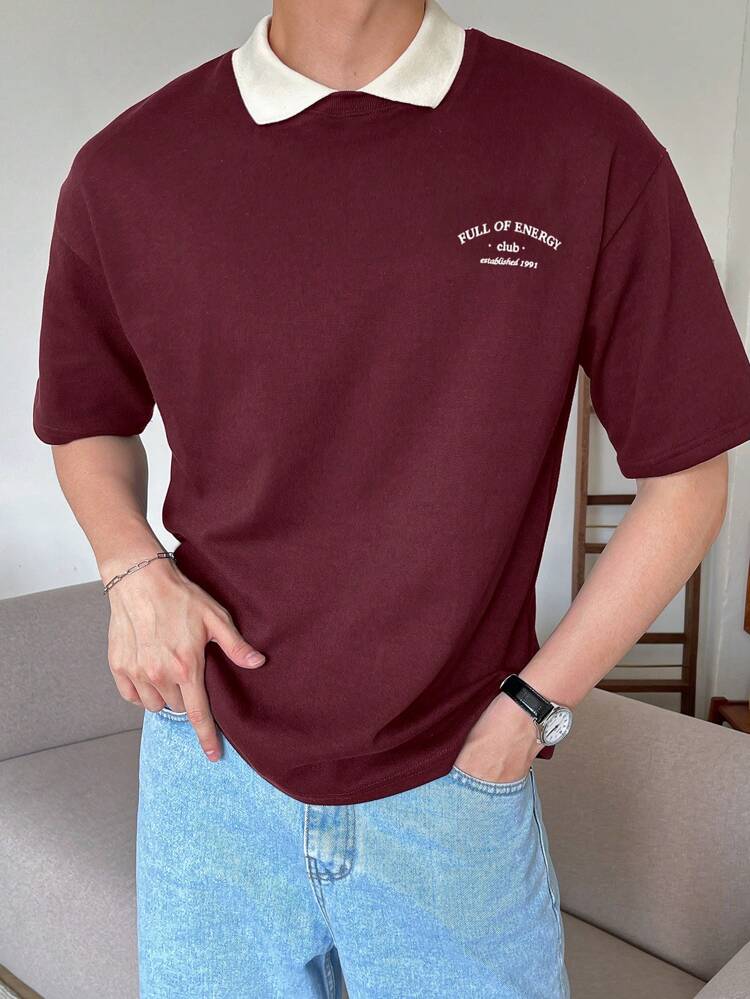 Men's Letter Print Red Short Sleeve T-Shirt, Summer
