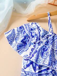 Teen Girls' Floral Print Ruffle Asymmetric Neck Romper - Blue - View 4