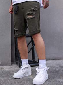 Manfinity Homme Men's Ripped Hem Casual Denim Shorts With Pockets - Army Green - View 5